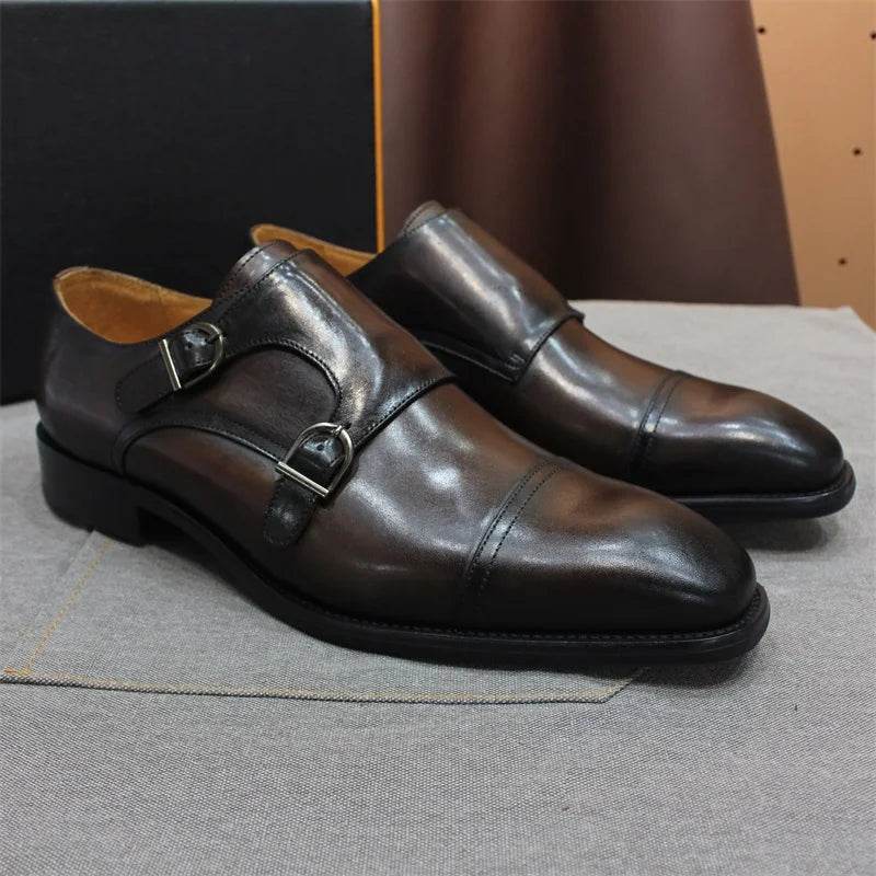 Luxury Handmade Genuine Leather Men's Shoes Formal Classic Double Buckle Monk Shoes Pointed Toe Business Dress Wedding Men Shoes - FLORANZANI- Beauté & Santé