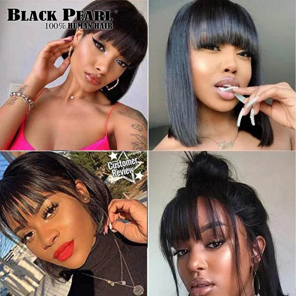 Wear and Go Human Hair Bob Wig With Bangs 180 Density Realistic Look 4x1 Lace Glueless Wigs Short Black Bob Wigs With Bangs - FLORANZANI- Beauté & Santé