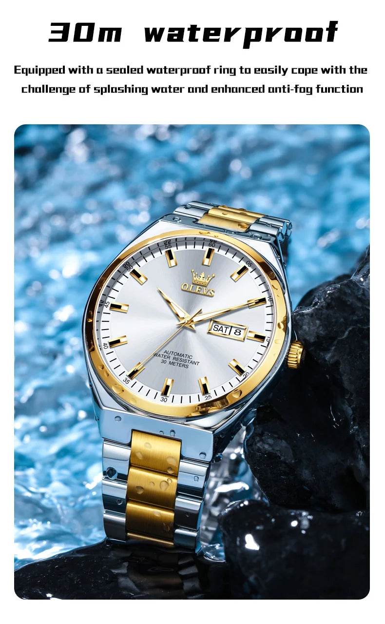 OLEVS Automatic Mechanical Watch Men Silver Gold Steel Belt Luminous Waterproof Top Brand Luxury Watches relogios masculino - FLORANZANI- Beauté & Santé