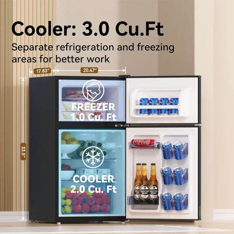 QW3.0 Cu.Ft Compact Refrigerator with 2 Doors,Mini Fridge with Freezer,37dB Quiet,7-Settings Mechanical Thermostat,LED Lights, - FLORANZANI- Beauté & Santé