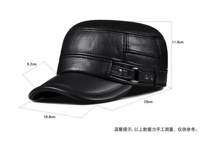 Winter Genuine Leather Cap Men's Flat Caps Military Hat Elegant Man Baseball Cap British Vintage Cowhide Ear Warm Hat - FLORANZANI- Beauté & Santé