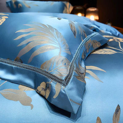 Luxury Satin Jacquard Cotton Bedding Set Gold Leaves Egyptian Cotton Smooth Duvet Cover Set Flat/Fitted Sheet Pillowcases - FLORANZANI- Beauté & Santé