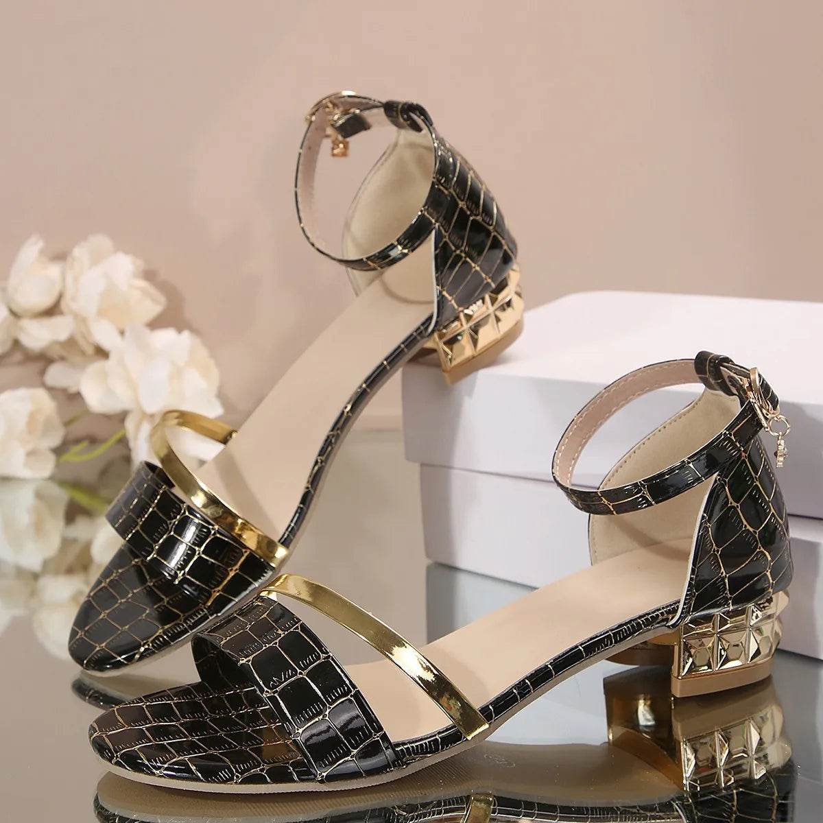 Black Plaid Women's Sandals 2024 Summer New High Heels Casual Open Toe Gold Naked Strap Sandals Pumps Heels Women - FLORANZANI- Beauté & Santé