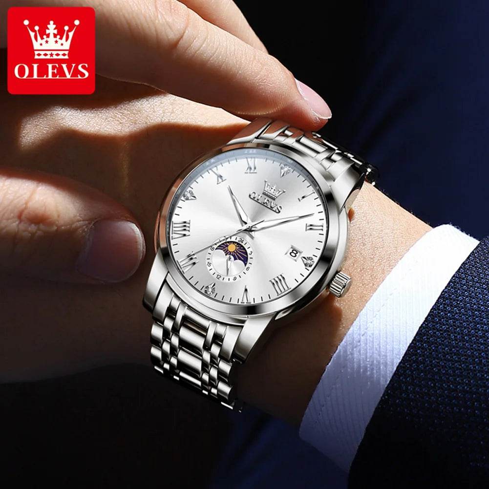 OLEVS Top Brand Men's Watches Fashion Original Quartz Watch for Man Waterproof Stainless Steel Luminous Wristwatch Moon Phase - FLORANZANI- Beauté & Santé