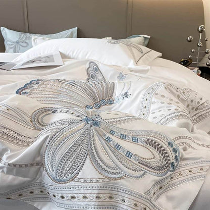 100% Egyptian Cotton Luxury Butterfly Embroidery Wedding Bedding Set 100% Cotton Duvet Cover Flat/Fitted Bed Sheet Pillowcases - FLORANZANI- Beauté & Santé