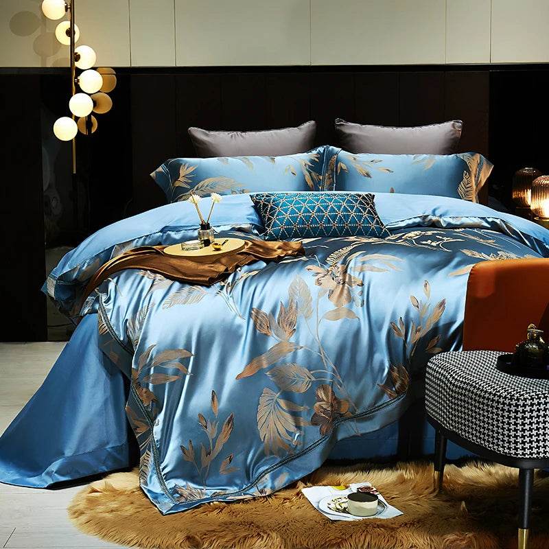 Luxury Satin Jacquard Cotton Bedding Set Gold Leaves Egyptian Cotton Smooth Duvet Cover Set Flat/Fitted Sheet Pillowcases - FLORANZANI- Beauté & Santé