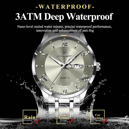 POEDAGAR Luxury Fashion Men Clock Waterproof Luminous Week Date Sports Man Wristwatch Stainless Steel Men's Quartz Watches Reloj - FLORANZANI- Beauté & Santé