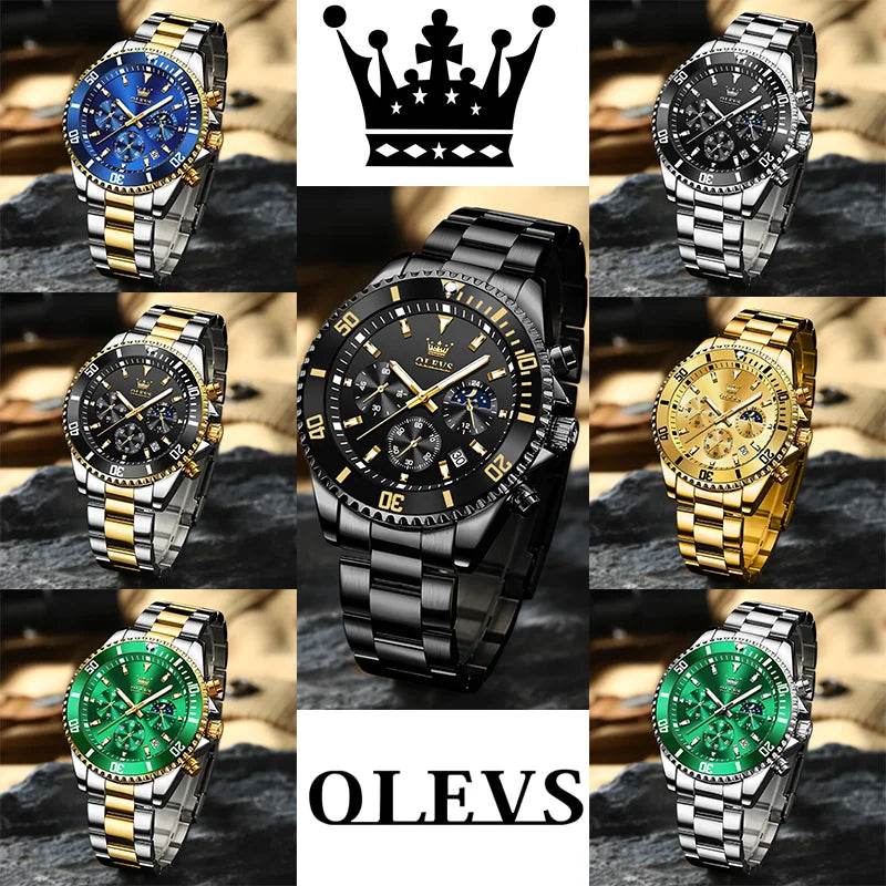 OLEVS Men's Watches Top Brand Luxury Watch for Men Original Waterproof Stainless Steel Chronograph Moon Phase Date Rota Dial - FLORANZANI- Beauté & Santé