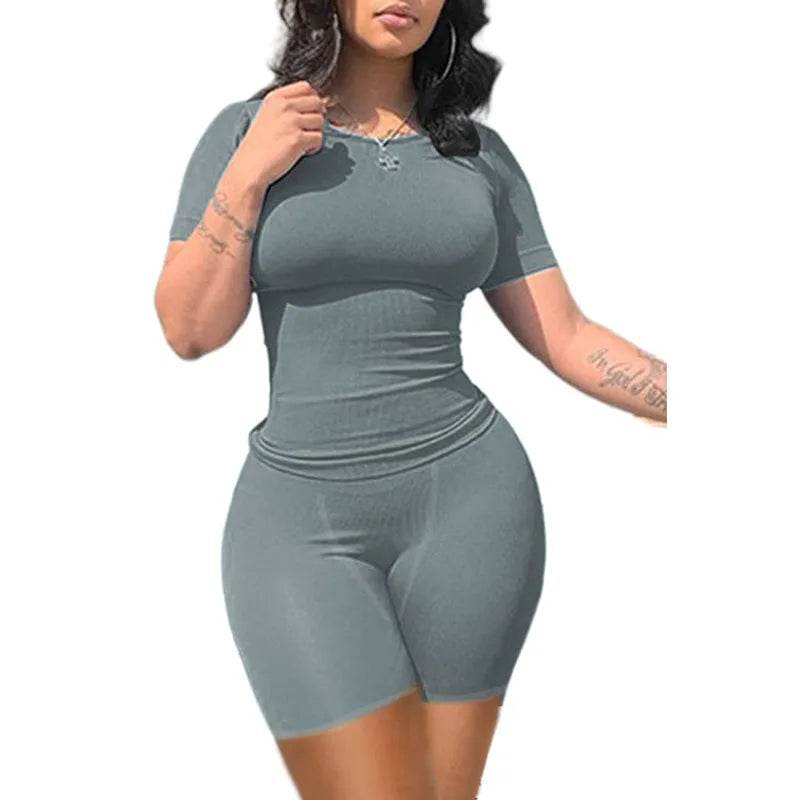 Lounge Wear Ribbed Casual 2 Piece Summer Shorts Set For Somen Short Sleeve Top+Elastic outfits - FLORANZANI- Beauté & Santé