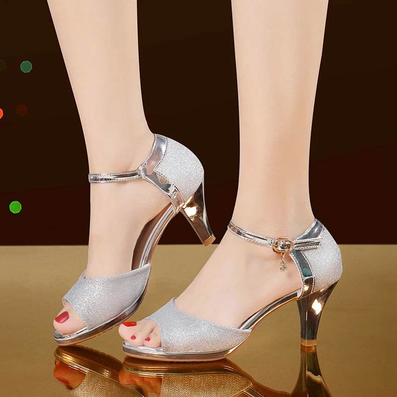 Korean casual sandals for women 2024 summer new item, shiny fish mouth slim heel 6cm high heels, Latin dance women's shoes - FLORANZANI- Beauté & Santé