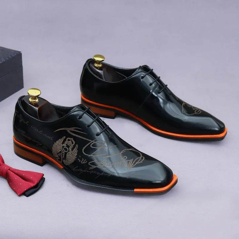 Embossed Printed Business Formal Cowhide Shoes Men's Oxfords Genuine Leather Casual Lacquered Shiny Leather British Men's Shoes - FLORANZANI- Beauté & Santé