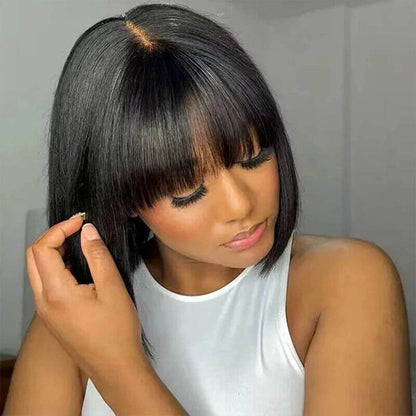 Middle Part 3X1 Hd Lace Wig Bone Straight Human Hair Wigs With Bangs Short Bob Wigs Full Machine Made Short Bob Human Hair Wigs - FLORANZANI- Beauté & Santé