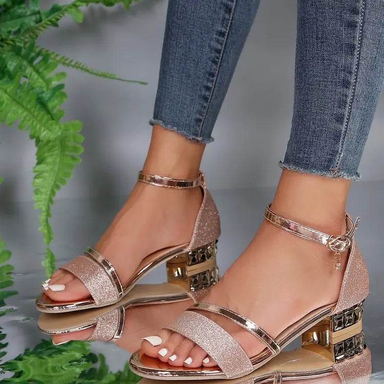 Gold Silver Block Low Heel Roman Sandals Party Weddings Pointed Toe Luxury Chic Elegant Woman Shoe Ladies Designer Sexy Evening - FLORANZANI- Beauté & Santé