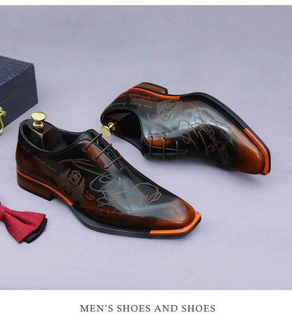 Embossed Printed Business Formal Cowhide Shoes Men's Oxfords Genuine Leather Casual Lacquered Shiny Leather British Men's Shoes - FLORANZANI- Beauté & Santé