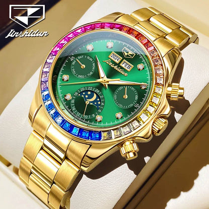 JSDUN 8974 New Moon Phase Automatic Watch for Men Gold Steel Strap Rainbow Diamond Lap Luxury Original Brand Mehcanical Watches - FLORANZANI- Beauté & Santé