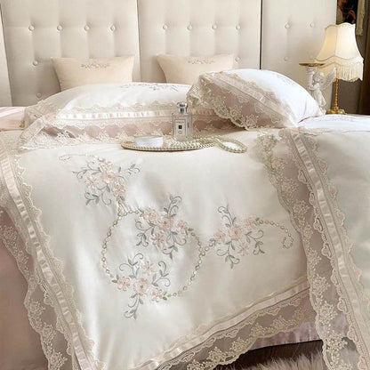 Romantic French Lace Flowers Embroidery Wedding Bedding Set 1200TC Egyptian Cotton Soft Duvet Cover Set Bed Sheet Pillowcases - FLORANZANI- Beauté & Santé