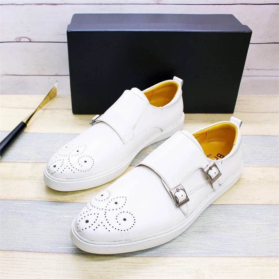 Men's Leather Shoes Casual Shoes Premium Classic White Brogue Handmade Leather Shoes Men's Fashion Dating Flat Party Shoes - FLORANZANI- Beauté & Santé