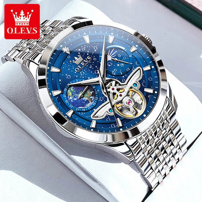 OLEVS Luxury Brand Men's Watches Luminous Waterproof Fully Automatic Mechanical Watch Starry Sky Dial Moon Phase Hollow Out - FLORANZANI- Beauté & Santé