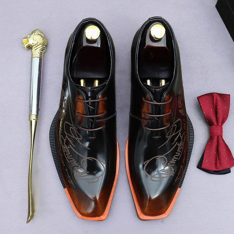 Embossed Printed Business Formal Cowhide Shoes Men's Oxfords Genuine Leather Casual Lacquered Shiny Leather British Men's Shoes - FLORANZANI- Beauté & Santé