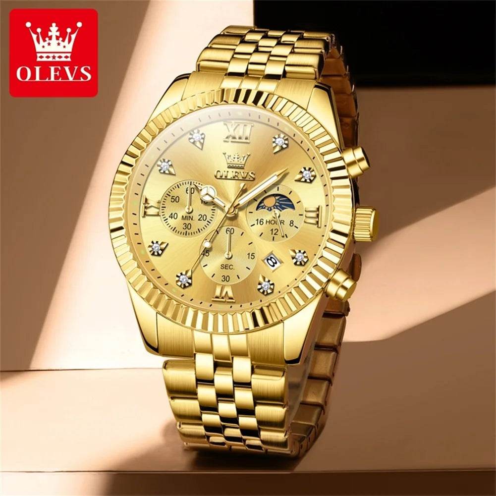 OLEVS Brand Luxury Original Men's Watches Waterproof Moon Phase Quartz Watch Luminous Gold Stainless Steel Strap Male Wristwatch - FLORANZANI- Beauté & Santé