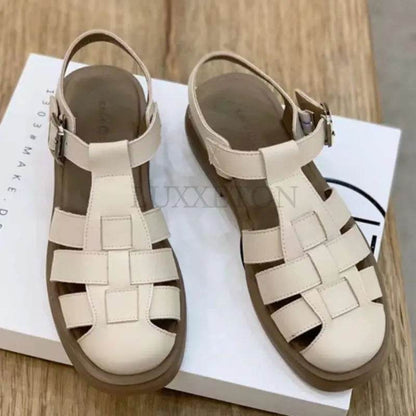 Women Sandals Retro Genuine Leather Luxury Roman Sandals Casual Buckle Strap Summer Shoes GLADIATOR Thick Heel Women Shoes - FLORANZANI- Beauté & Santé