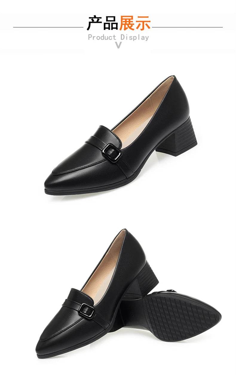 Fashion Elegant Soft Leather Shoes Women's Black Platform Loafers 2024 Spring Block High Heels Shoes For Office Work Daily Mom - FLORANZANI- Beauté & Santé