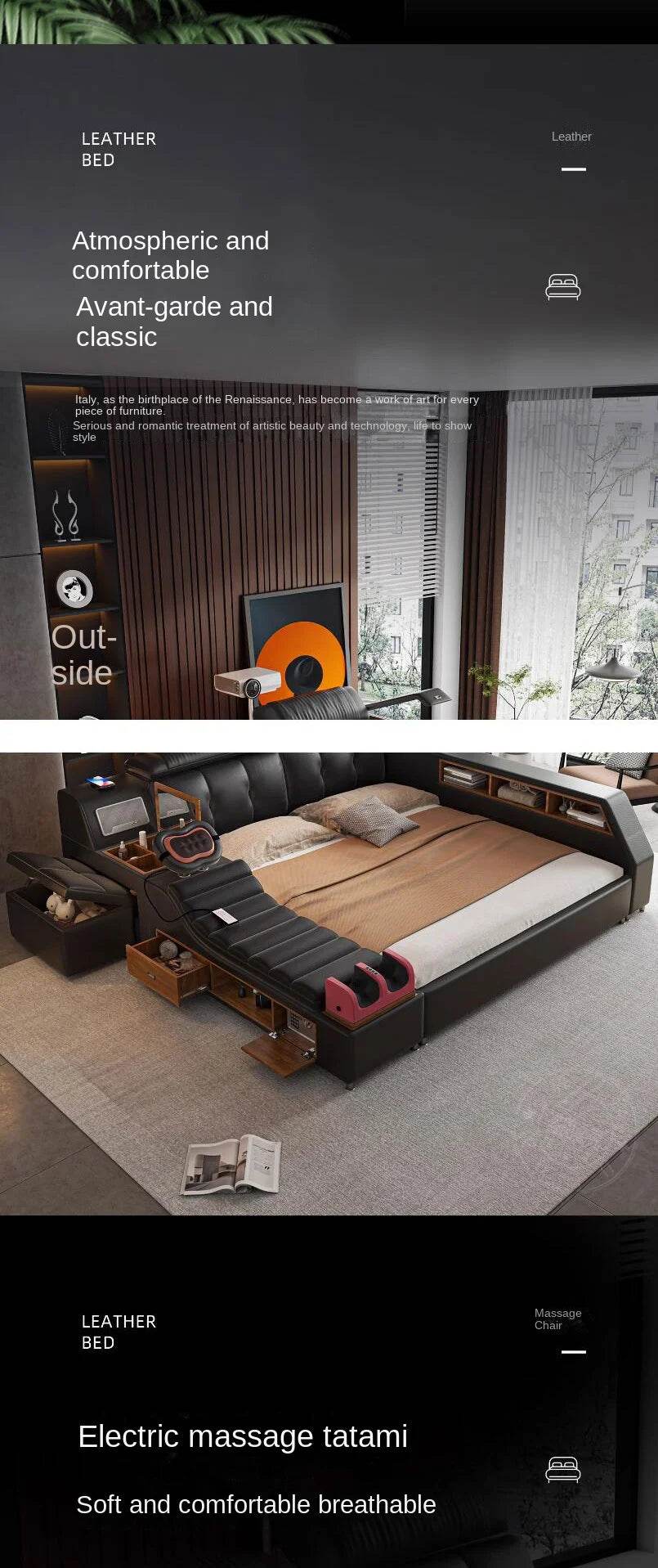 Black King Size Frame Double Bed With Drawers Storage Multifunction Massage Bed Storage Modern Camas De Dormitorio Furniture - FLORANZANI- Beauté & Santé