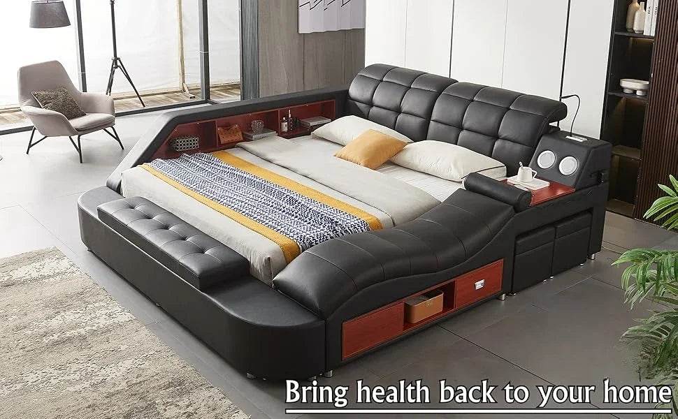 Multifunctional Queen Bed Frame,Smart Bed with Massage Recliner on Right Speaker/Storage Drawers,Adjustable Leather Up Headboard - FLORANZANI- Beauté & Santé