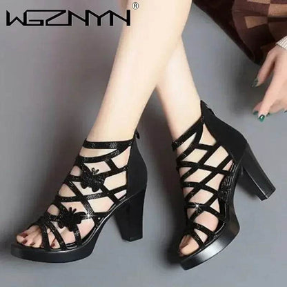 Woman Sandals Women Cyrstal Comfortable Pumps Ladies Fashion High Heels Female Rome Bling Hollow Out Shoes Women's Zip Footwear - FLORANZANI- Beauté & Santé