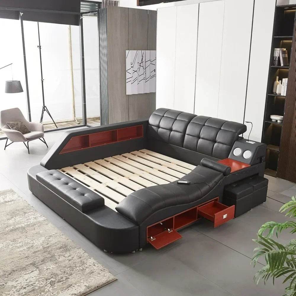 Multifunctional Queen Bed Frame,Smart Bed with Massage Recliner on Right Speaker/Storage Drawers,Adjustable Leather Up Headboard - FLORANZANI- Beauté & Santé