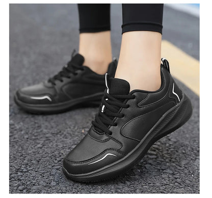 Women Running Shoes PU Leather Lace-up Men Warm Light Walking Sneaker Fitness Sport Flats Comfortable Black Size 35-44 Loafers