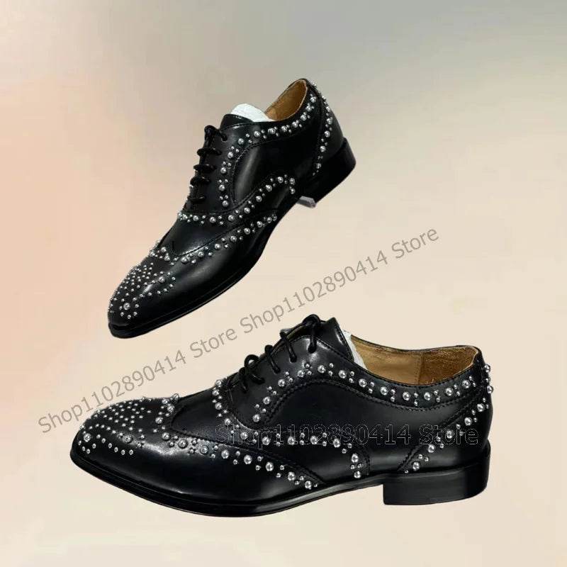 Silver Rivets Decor Black Strappy Square Toe Loafers Fashion Lace Up Men Shoes Luxurious Handmade Party Office Men Dress Shoes - FLORANZANI- Beauté & Santé