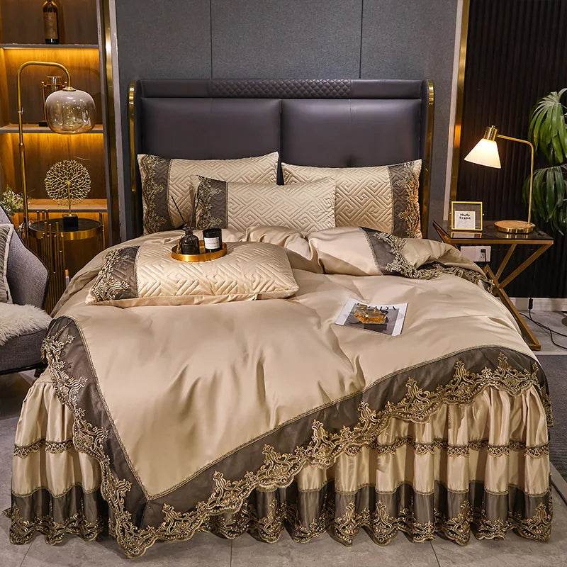 Satin Euro Bed Jacquard Bedding Set Luxury Duvet Cover Set Nordic Bed for Home Comfort Sheet Set Pillowcas Bed Skirts Bedding - FLORANZANI- Beauté & Santé