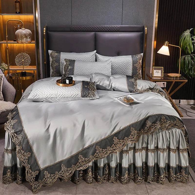 Satin Euro Bed Jacquard Bedding Set Luxury Duvet Cover Set Nordic Bed for Home Comfort Sheet Set Pillowcas Bed Skirts Bedding - FLORANZANI- Beauté & Santé