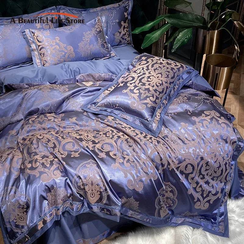 Soft Satin Jacquard Cotton Bedding Set, Luxury Duvet Cover, Blue, Gold, Gray, Queen, King Bed Sheet, Pillowcases, Home Textiles - FLORANZANI- Beauté & Santé