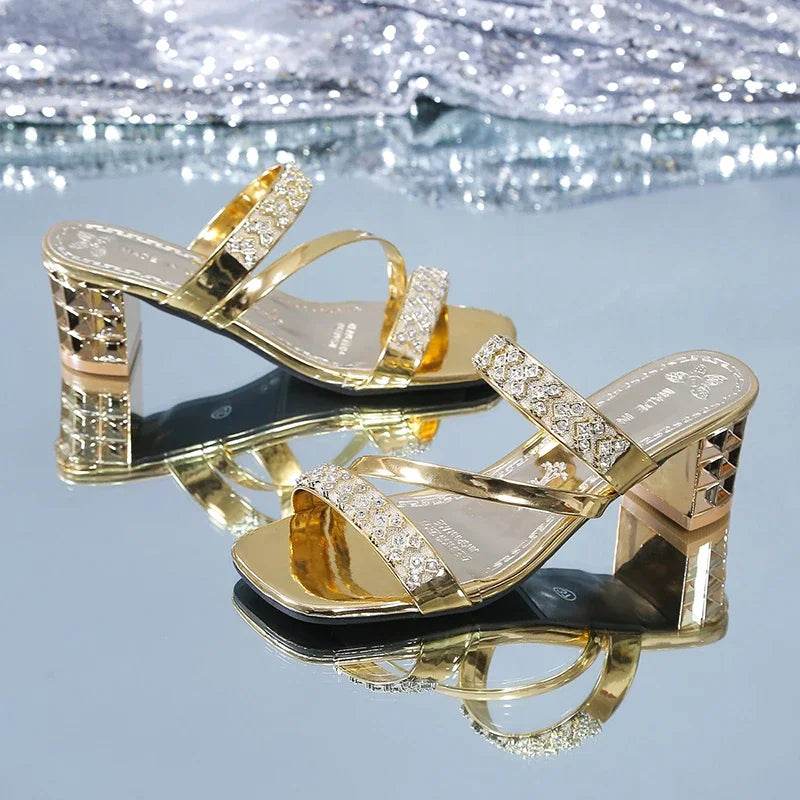 Shiny Gold Silver Women's Sandals Summer 2023 Crystal High Heels Party Shoes Woman Comfortable Thick Heel Slides Sandalias Mujer - FLORANZANI- Beauté & Santé