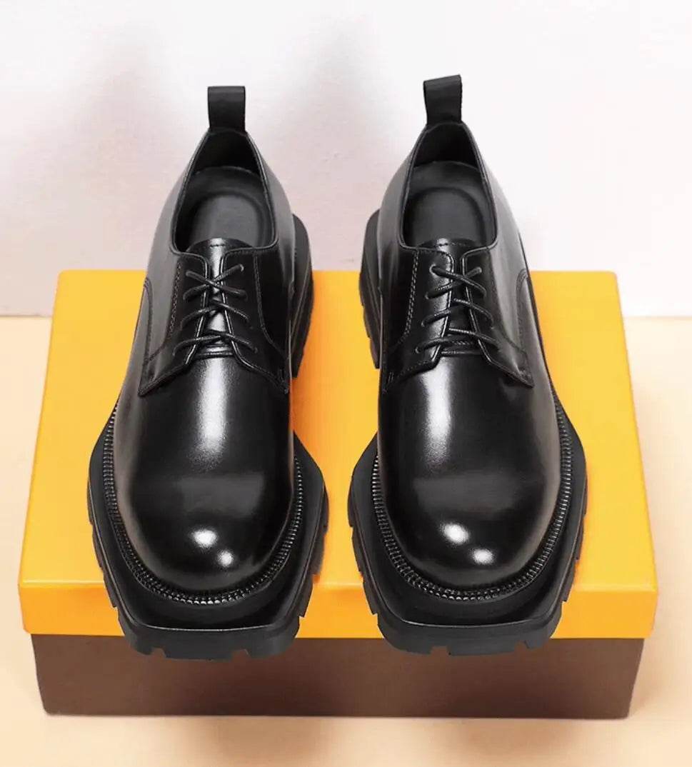 Luxury Fashion Men Business Dress Shoes Genuine Leather Thick Sole High-end Brogue Shoes Lace-up Wedding Derby Shoes - FLORANZANI- Beauté & Santé