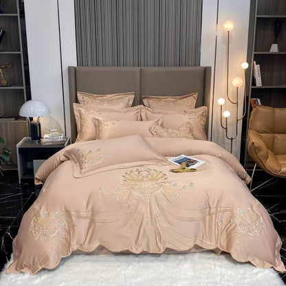 Luxury Gold Feather Embroidery Egyptian Cotton Champagne/Light Yellow Patchwork Duvet Cover Bed Sheet Pillowcases Bedding Set - FLORANZANI- Beauté & Santé