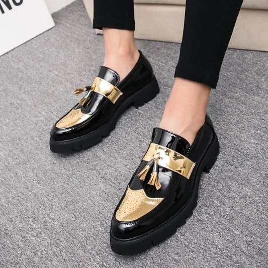 Golden Men's Casual Slip-On Tassel Patent Loafers Thick Bottom Elevator Shoes Fashion Men's Party Shoes Business Shoes Brogue - FLORANZANI- Beauté & Santé