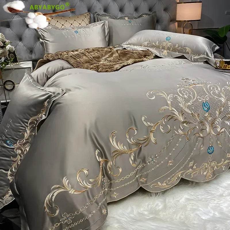 European Style Bedding Set Luxury Gold Royal Embroidery Satin Double Duvet Cover Pure Cotton Bed Sheets and Pillowcases Bed Set - FLORANZANI- Beauté & Santé