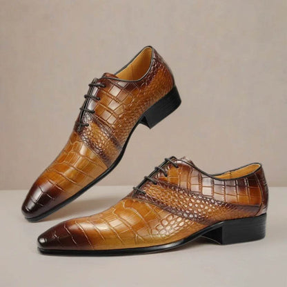 Nice Men Brown Leather Oxford Dress shoes Pointed Toe Derby Wedding For Business Special design Crocodile Grain Genuine sapatos - FLORANZANI- Beauté & Santé