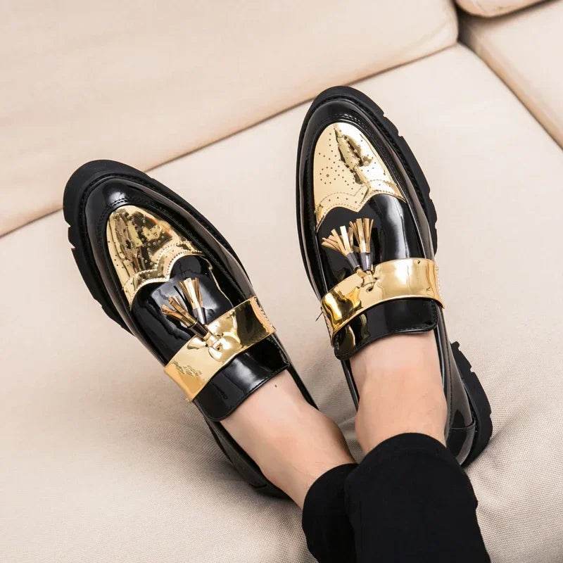 Golden Men's Casual Slip-On Tassel Patent Loafers Thick Bottom Elevator Shoes Fashion Men's Party Shoes Business Shoes Brogue - FLORANZANI- Beauté & Santé