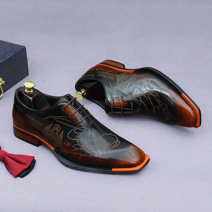 Embossed Printed Business Formal Cowhide Shoes Men's Oxfords Genuine Leather Casual Lacquered Shiny Leather British Men's Shoes - FLORANZANI- Beauté & Santé