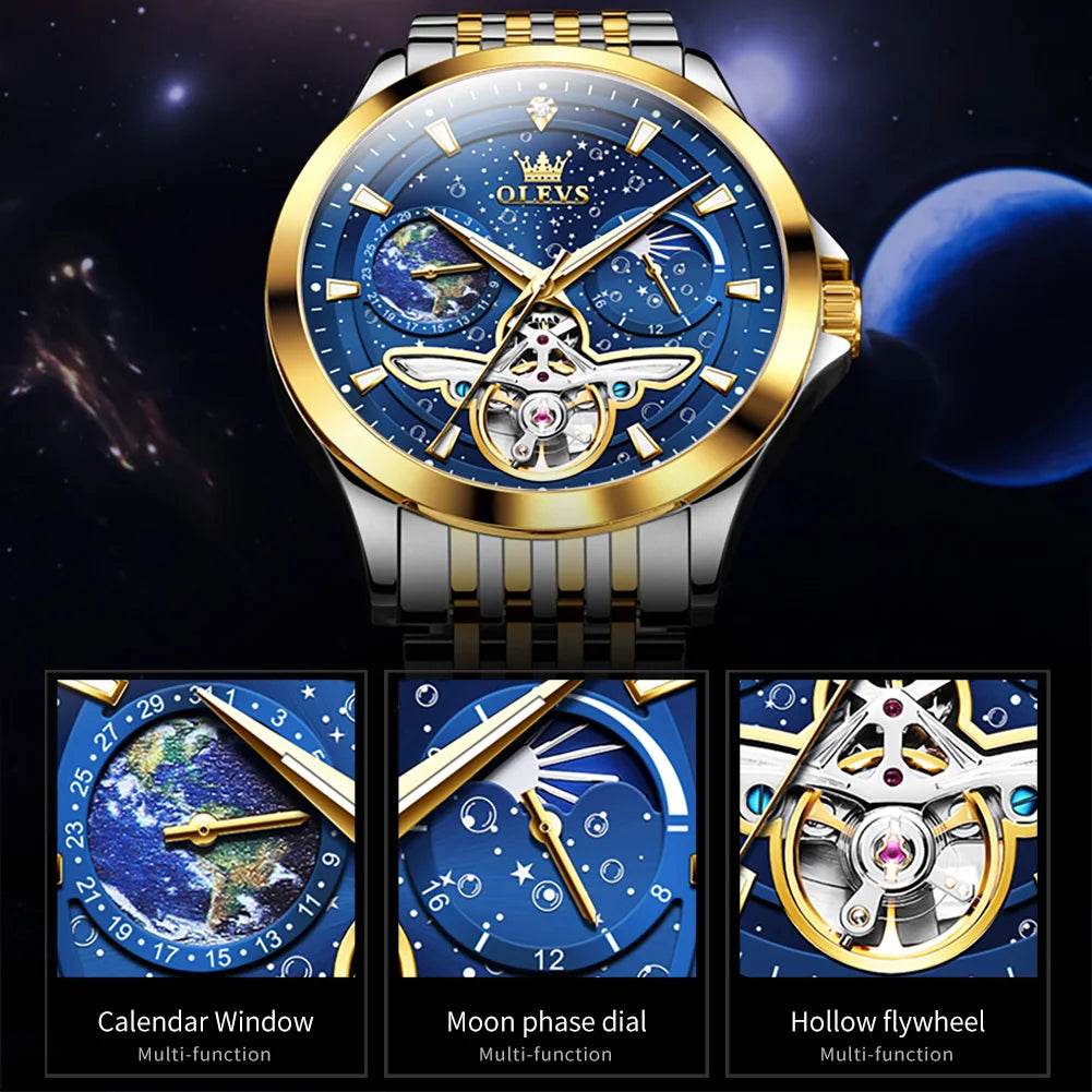 OLEVS Luxury Brand Men's Watches Luminous Waterproof Fully Automatic Mechanical Watch Starry Sky Dial Moon Phase Hollow Out - FLORANZANI- Beauté & Santé