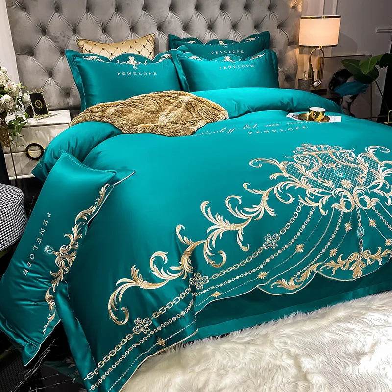 Egyptian Cotton Bedding Set Golden Embroidery Home Textiles Super Soft Bed Duvet Sheet Set King Queen Size Chic Stitch Linen 이불 - FLORANZANI- Beauté & Santé