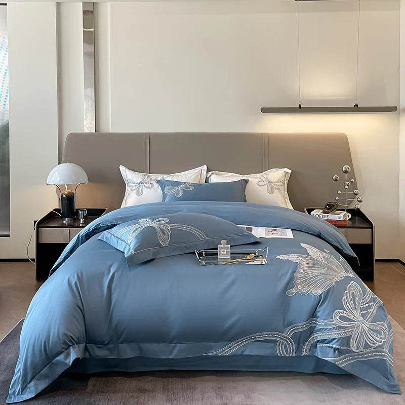 100% Egyptian Cotton Luxury Butterfly Embroidery Wedding Bedding Set 100% Cotton Duvet Cover Flat/Fitted Bed Sheet Pillowcases - FLORANZANI- Beauté & Santé