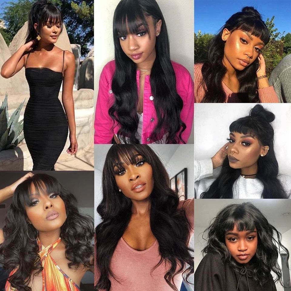 Brazilian 8-30 inches Body Wave Human Hair Wigs With Bang Virgin Hair 180% Density Full Machine Made Perruque For Black Women - FLORANZANI- Beauté & Santé