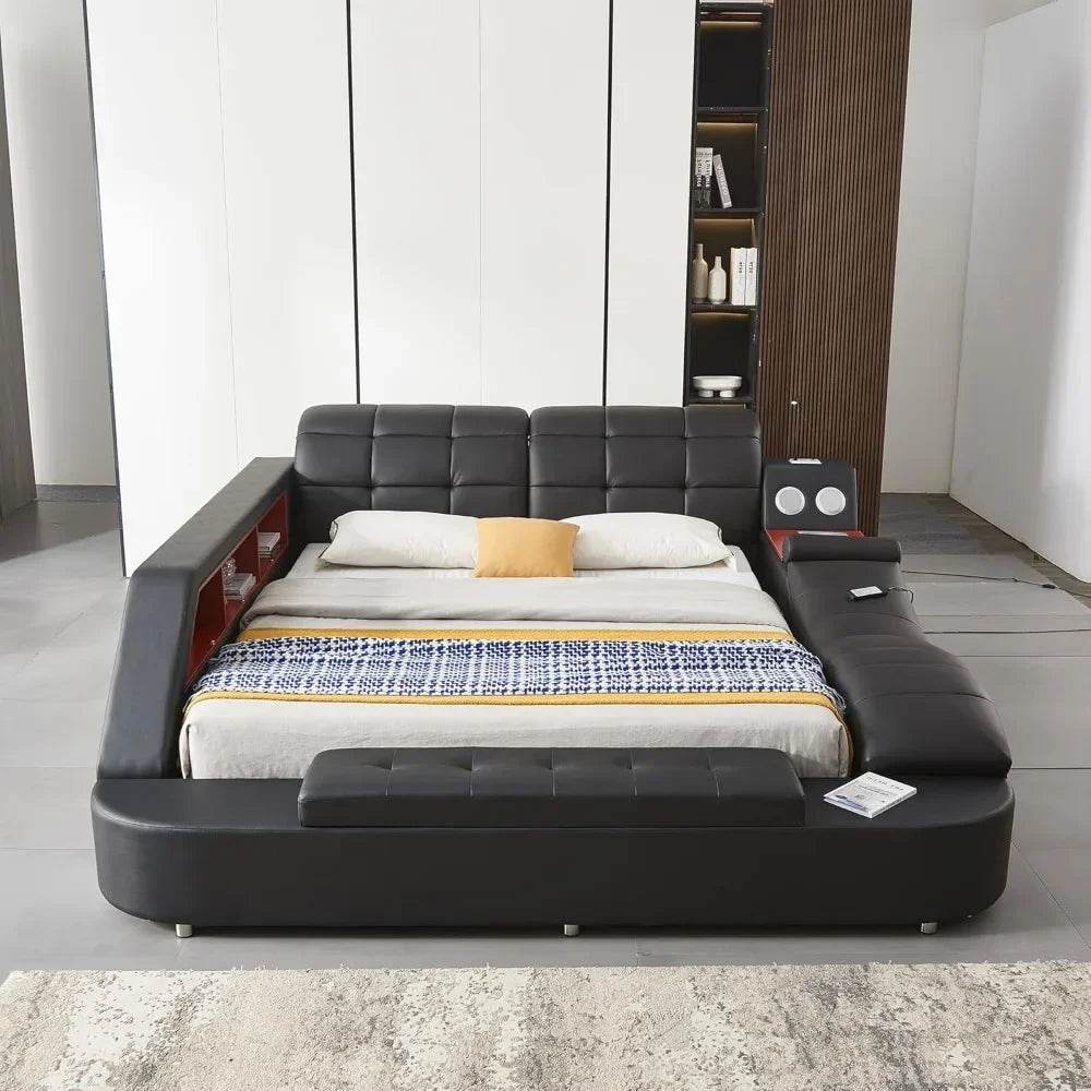 Multifunctional Queen Bed Frame,Smart Bed with Massage Recliner on Right Speaker/Storage Drawers,Adjustable Leather Up Headboard - FLORANZANI- Beauté & Santé