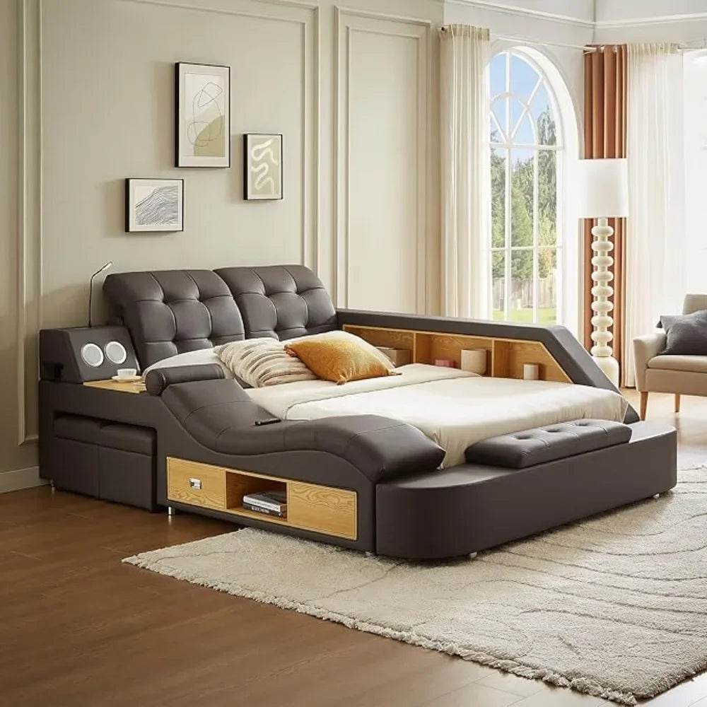 Multifunctional Queen Bed Frame,Smart Bed with Massage Recliner on Right Speaker/Storage Drawers,Adjustable Leather Up Headboard - FLORANZANI- Beauté & Santé