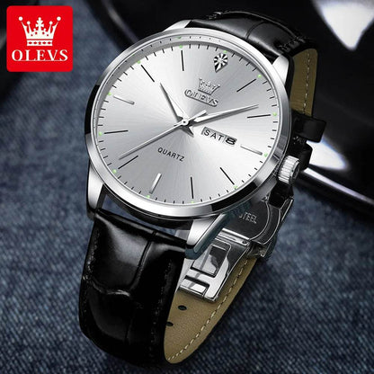 OLEVS Fashion Business Brand Original Men Watches Leather Strap Trend Week Calendar Quartz Watch Luminous Waterproof 43mm Dial - FLORANZANI- Beauté & Santé